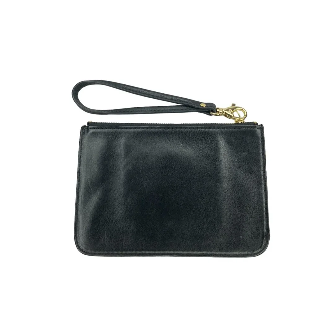 Fossil Black Cow Hide Leather Zip Top Wristlet‎ Strap Wallet Pouch 6.5